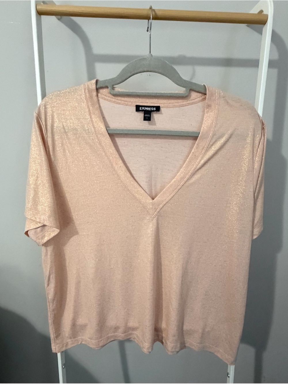 Express Shimmery V-Neck Tee in Light Blush